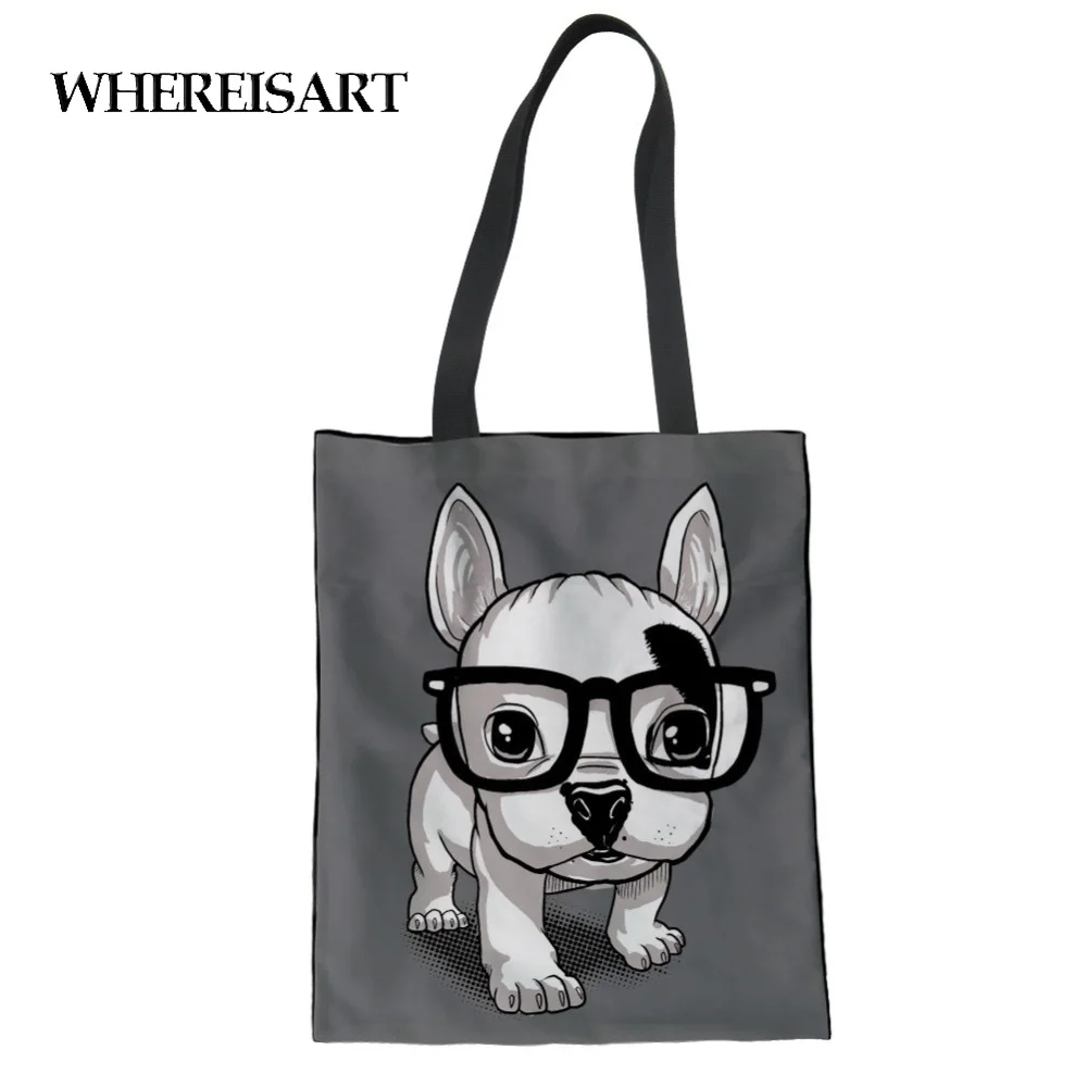 

WHEREISART Women Canvas Bags Eco Friendly Ladies Shopping Tote Beach Casual Totes French Bulldog Design Painting Bags For Girls