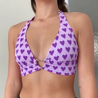 2021 new women summer heart print backless halter bra corset top deep v neck sexy sleeveless crop beach tie up tank tops tees