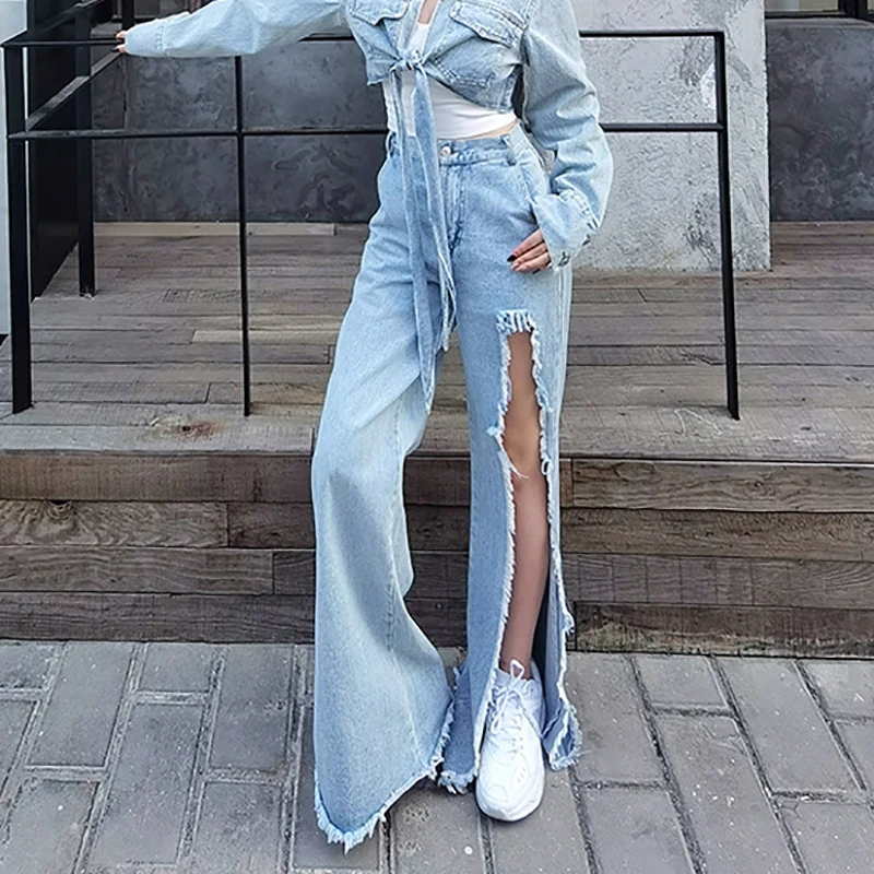 

SHENGPALAE Streetwear Ripped Jeans Women's Summer 2021 New High Waist Solid Color Loose Straight Denim Pants Female Tide 5E1293