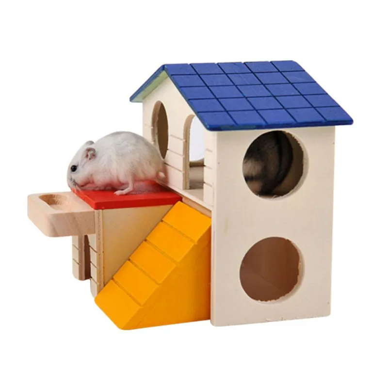 

Natural Wooden Folding Hamster Toy Cage Luxury Decoration Hamster Double-Decker House Golden Bear Small Pet Villa Type