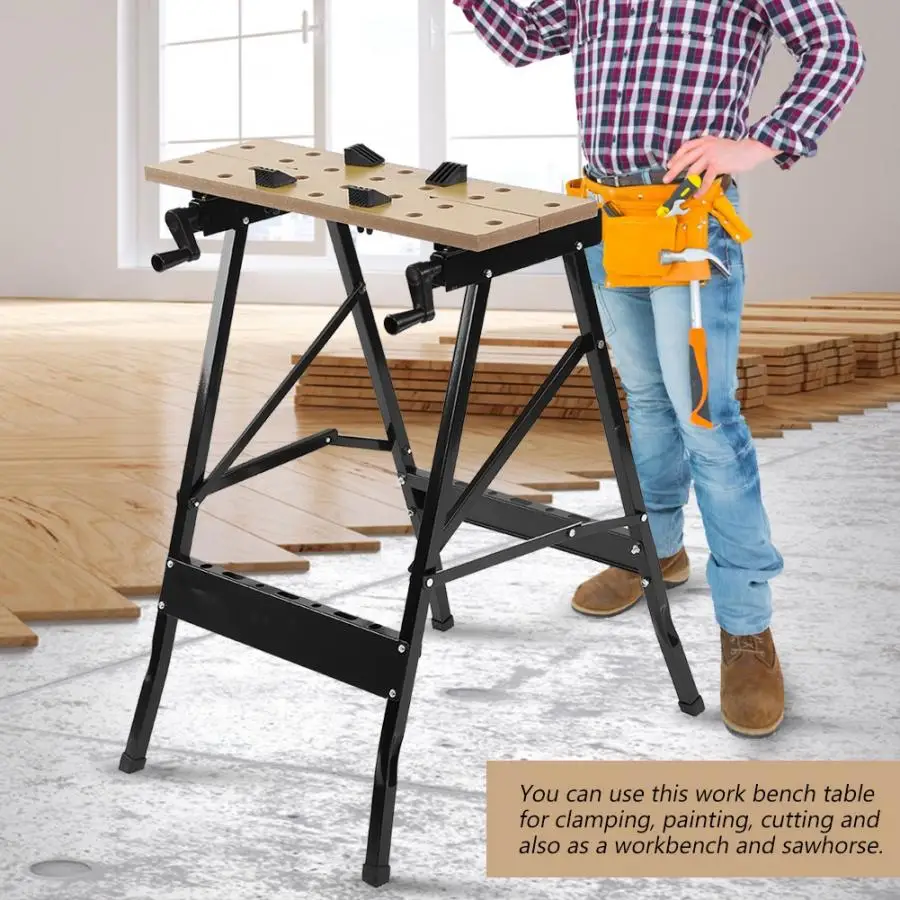 Складной рабочий стол портативный настольный со стальной рамой и тисками из МДФ