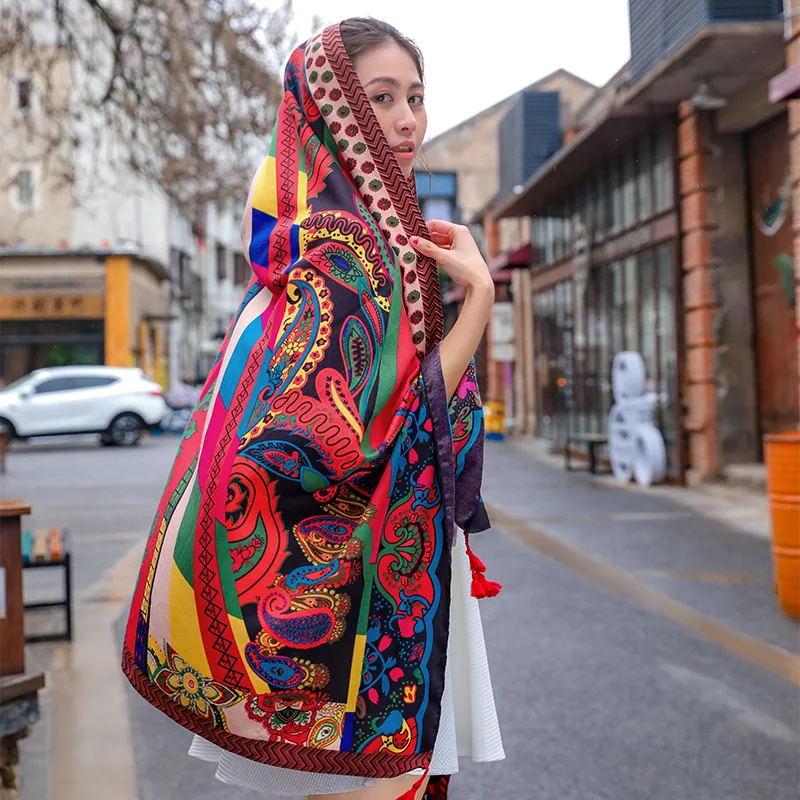 

Женские ботинки в этническом Стиль хлопок и лен шелковый шарф для женщин шаль осень-зима шарф для поездок отдых на берегу моря, защита от сол...