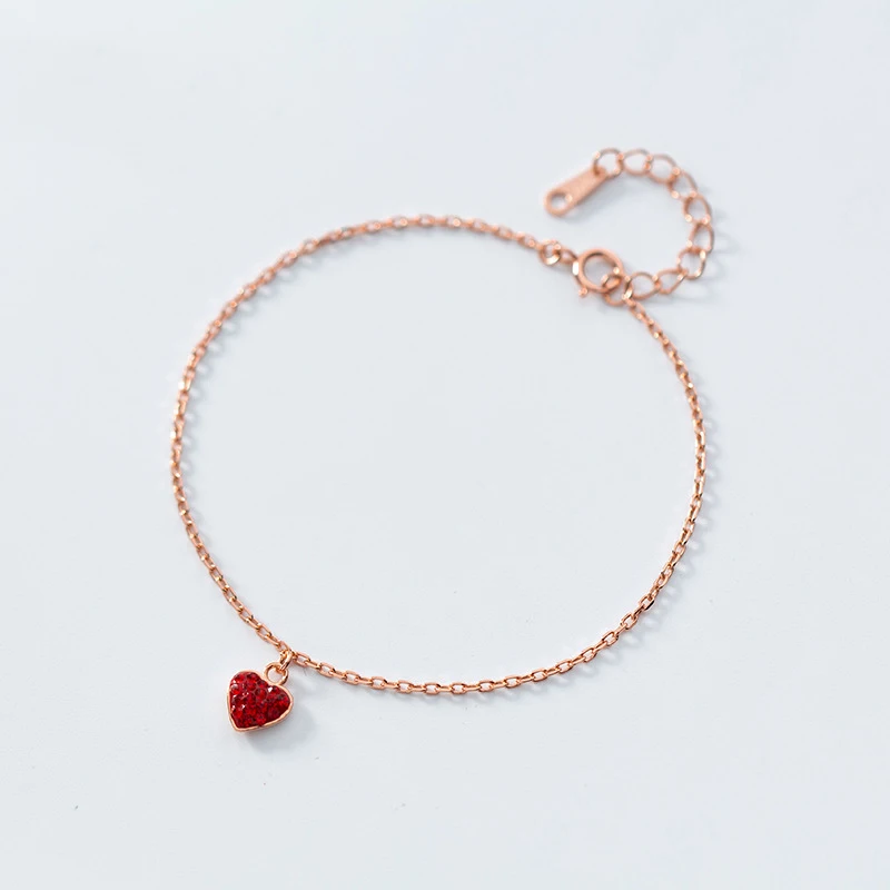 Женский браслет из серебра 100% пробы с красным сердцем и розой|Гибкие жесткие