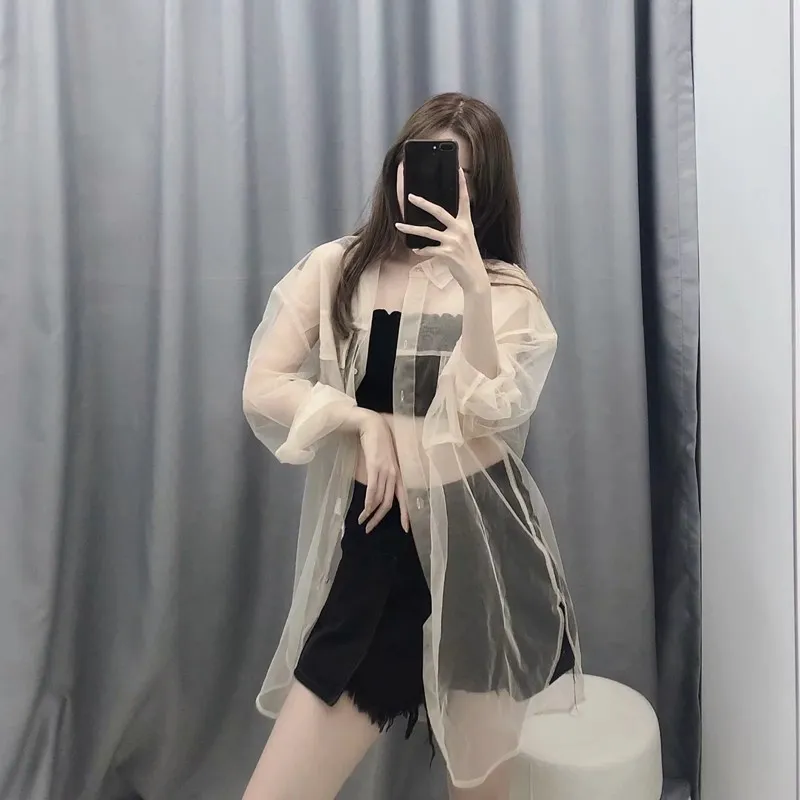 Модная женская бежевая прозрачная блузка с отложным воротником сетчатая рубашка