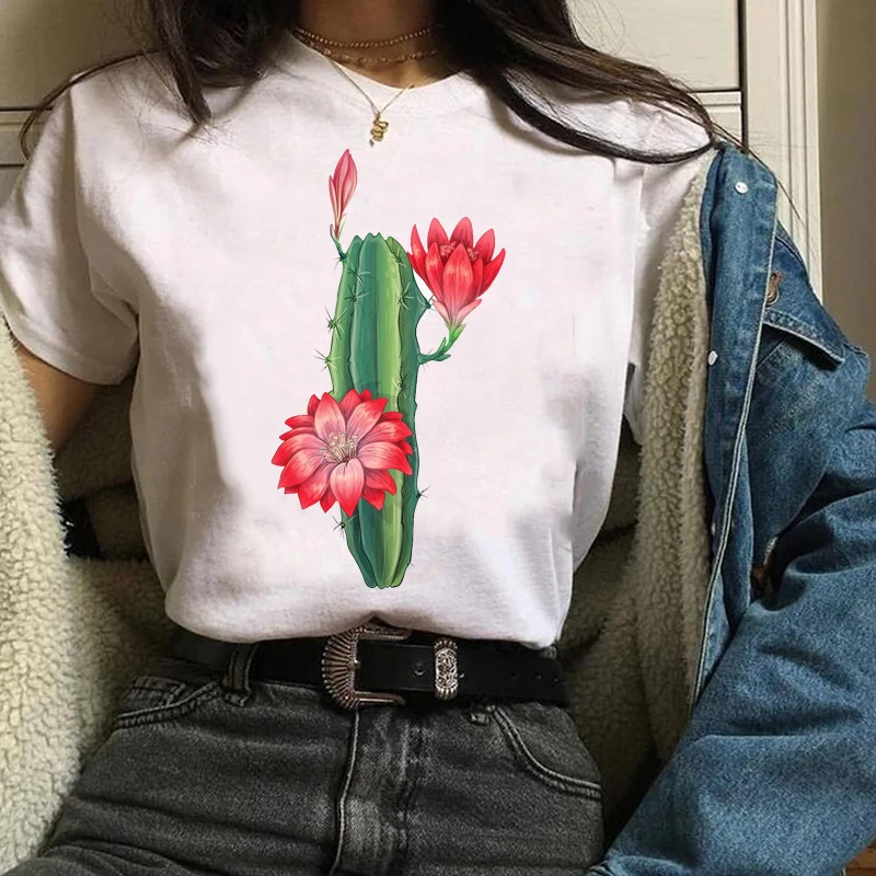Женская футболка с рисунком кактуса летняя и осенняя одежда цветочным принтом