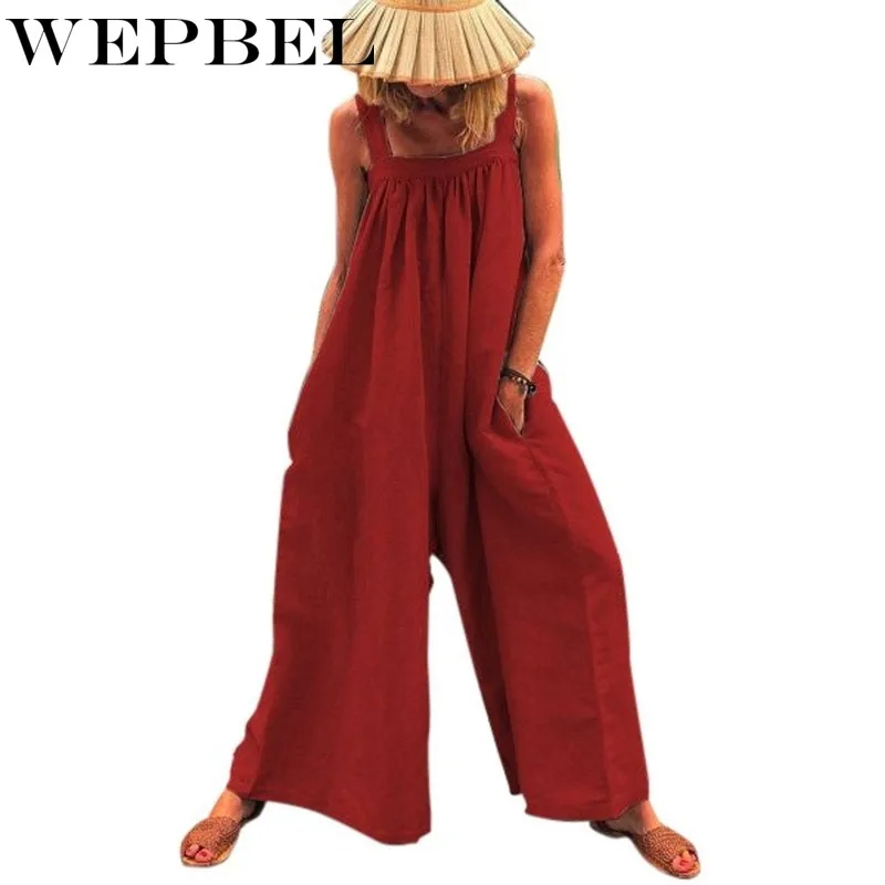 

WEPBEL Women Elegant Loose Sling Jumpsuit Ladies Sexy Sleeveless Ruched Romper Wide Leg Overalls Onesies