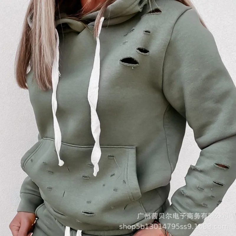 

WEPBEL Women Solid Hoodies Clothing Set Long Sleeved Hole Pocket Hoodies Drawstring Pants Loose Tops 2 Piece Set Tracksuit
