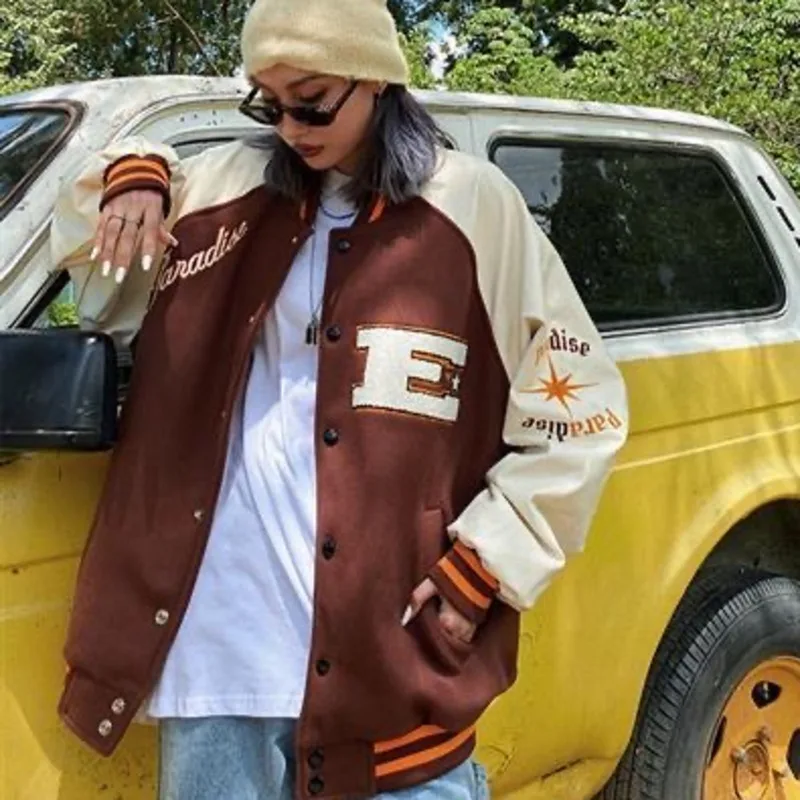 

oversized jacket streetwear baseball uniform harajuku women's leather plutonium jacket contrast casual jacket vintage clothes