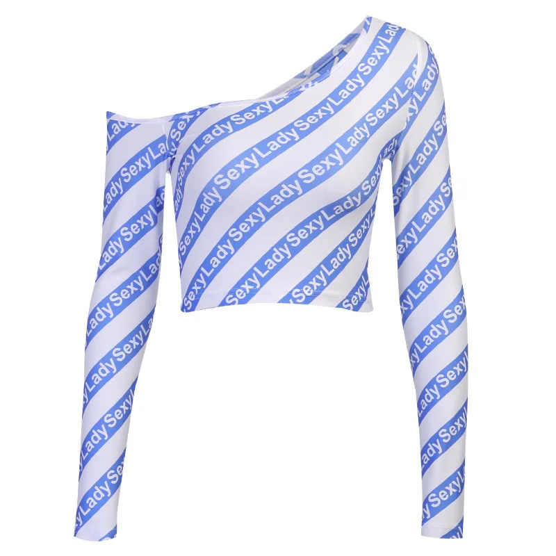 

Sexy slant shoulder T-shirt women's off shoulder letter long sleeve short top women's fashion novel Tight Sexy