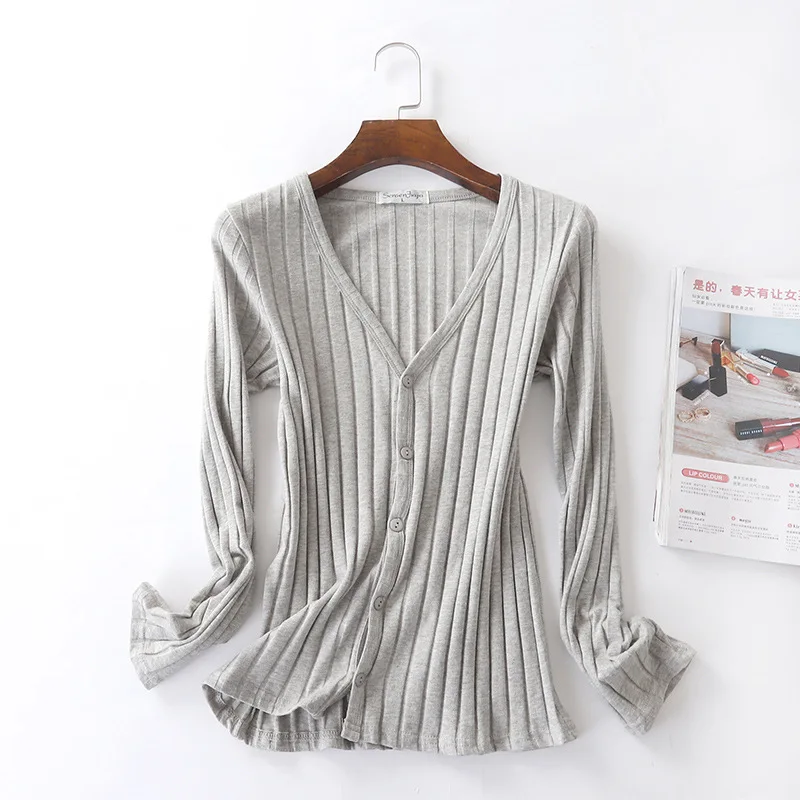 

Spring and autumn new style five-button cardigan with vertical stripes and thick threads. Korean candy color long-sleeved V-neck