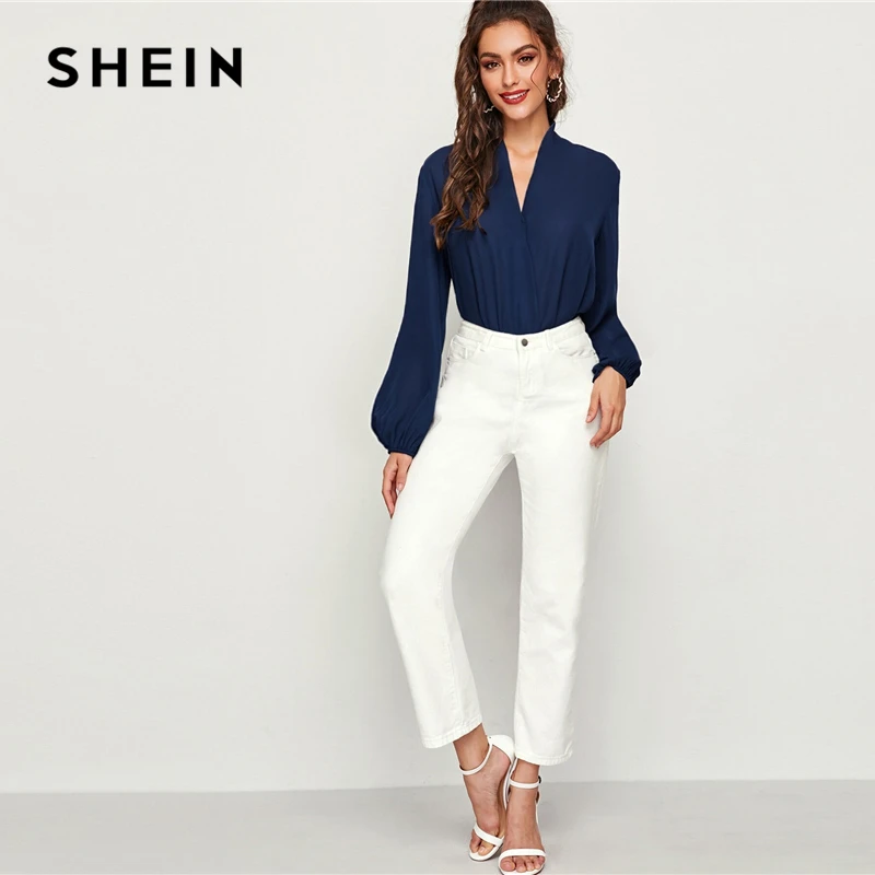 Женская офисная блузка SHEIN темно синяя с v образным вырезом и рукавами фонариками