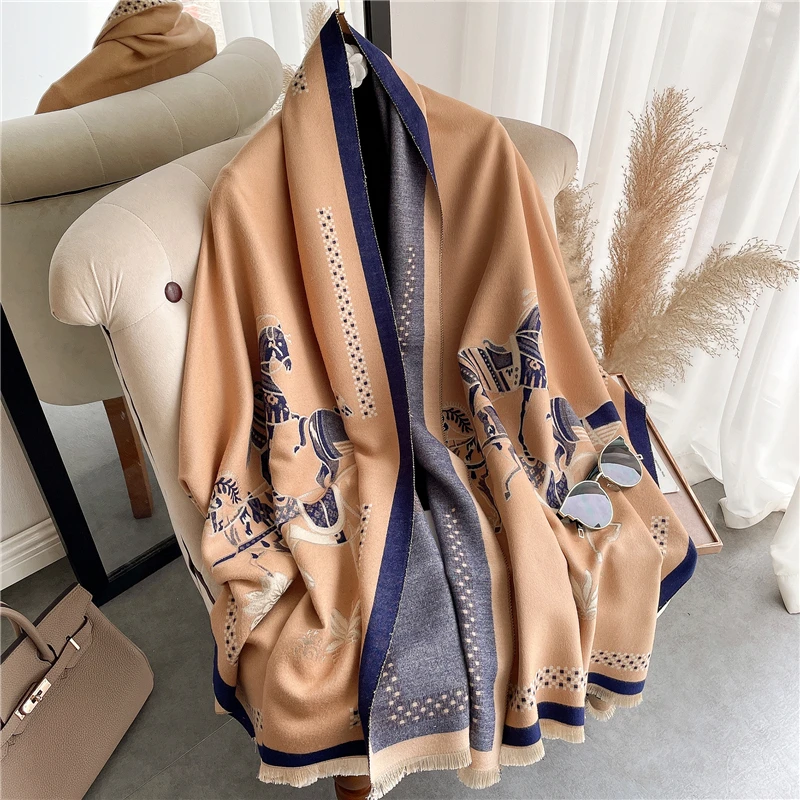 

2021 Winter Horse Cashmere Warm Scarf Hijab Luxury Thick Pashmina Soft Blanket Bufanda Female Headkerchief Shawl Wraps Foulard