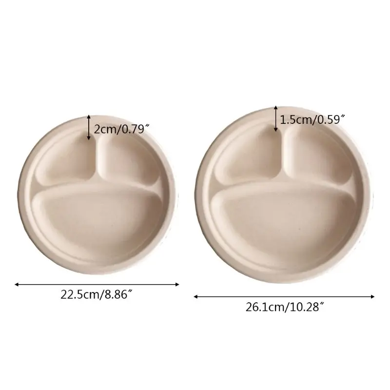 

50Pcs/bag 9"/10" Biodegradable Bagasse Paper Plate 3 Compartment Disposable Plates for Food Holding Supplies