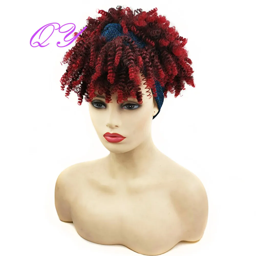 

QY Hair HeadBand Wig Synthetic Head Wigs for African Women Turban Hair Wigs Short Curly Wrap Ombre Burgundy Wig