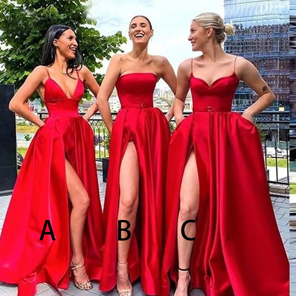 

Sexy Satin Long Evening Dresses Sleeveless Sashes V-Neck/Strapless/Sweetheart Wedding Party Prom Gowns Pockets Side Split