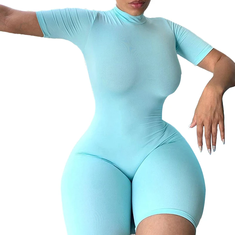 Женский пикантный комбинезон наряды пижама с коротким рукавом Однотонная синяя