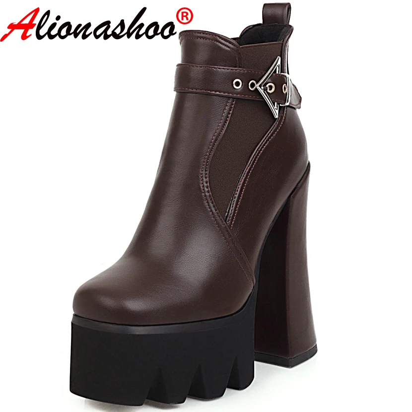 

Aliona Shoo Sexy high heel&platform boots Black brown Pu Leather round toe Chunky 15CM High Heels Ankle Boots Big Size 12 43