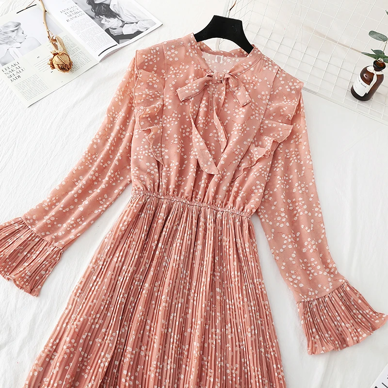 

2020 Spring Dress Long Sleeve Office Vintage Lotus leaf Dress Women Casual Floral Autumn Shirt Chiffon Midi Dress For Ladies