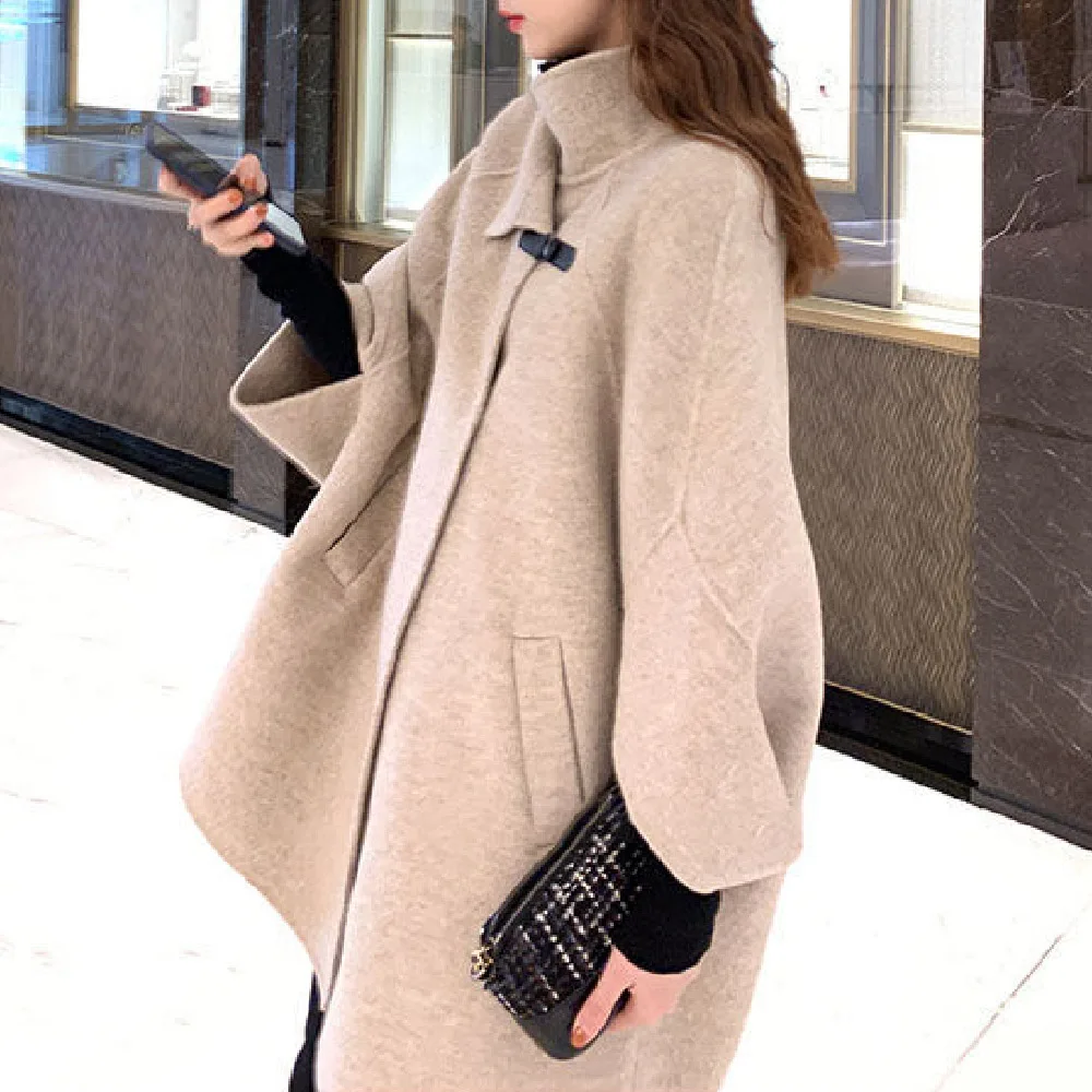

2020 New Woolen Cape Coats Women Solid Color Loose Slim Lapel Bat Sleeve Long Autumn Winter Warm Wear Korean Female Elegent