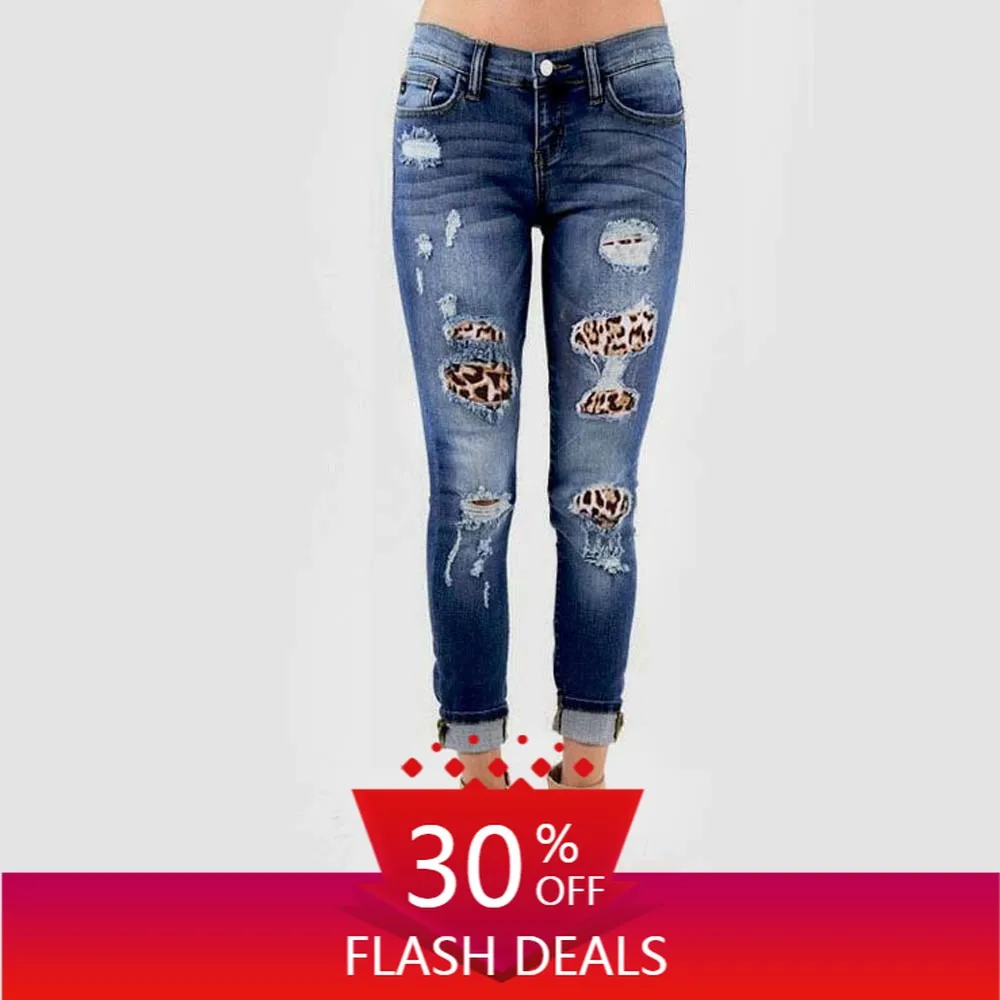 

Leopard Patchwork Mom Ripped Jeans For Women Stretchy Blue Tassel Long Denim Pants Womens Trousers Pencil Skinny Jeans