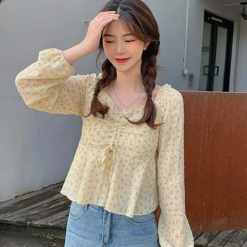 

Women V Neck Slim Sweet Shirt Floral Print Chiffon Blouse Spring Summer Long Sleeves Shirt Blouses