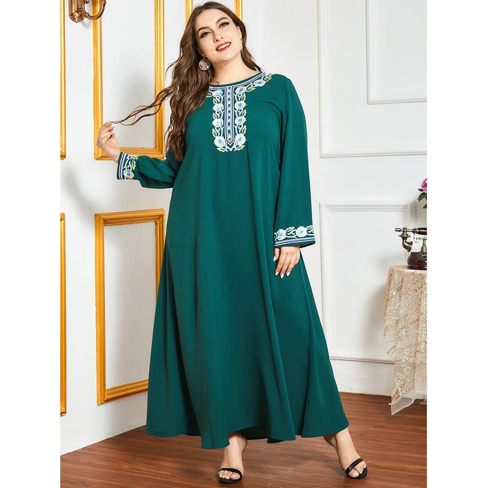 

Green Embroidery Abaya Women Loose Dress Dubai Kaftan Caftan Moroccan Muslim Ethnic Party Gown Jilbab Islam Clothing Gown M-4XL