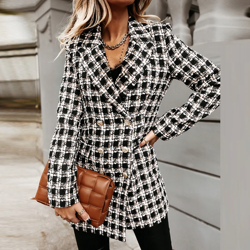 Женская клетчатая куртка на пуговицах двубортный офисный кардиган с отложным