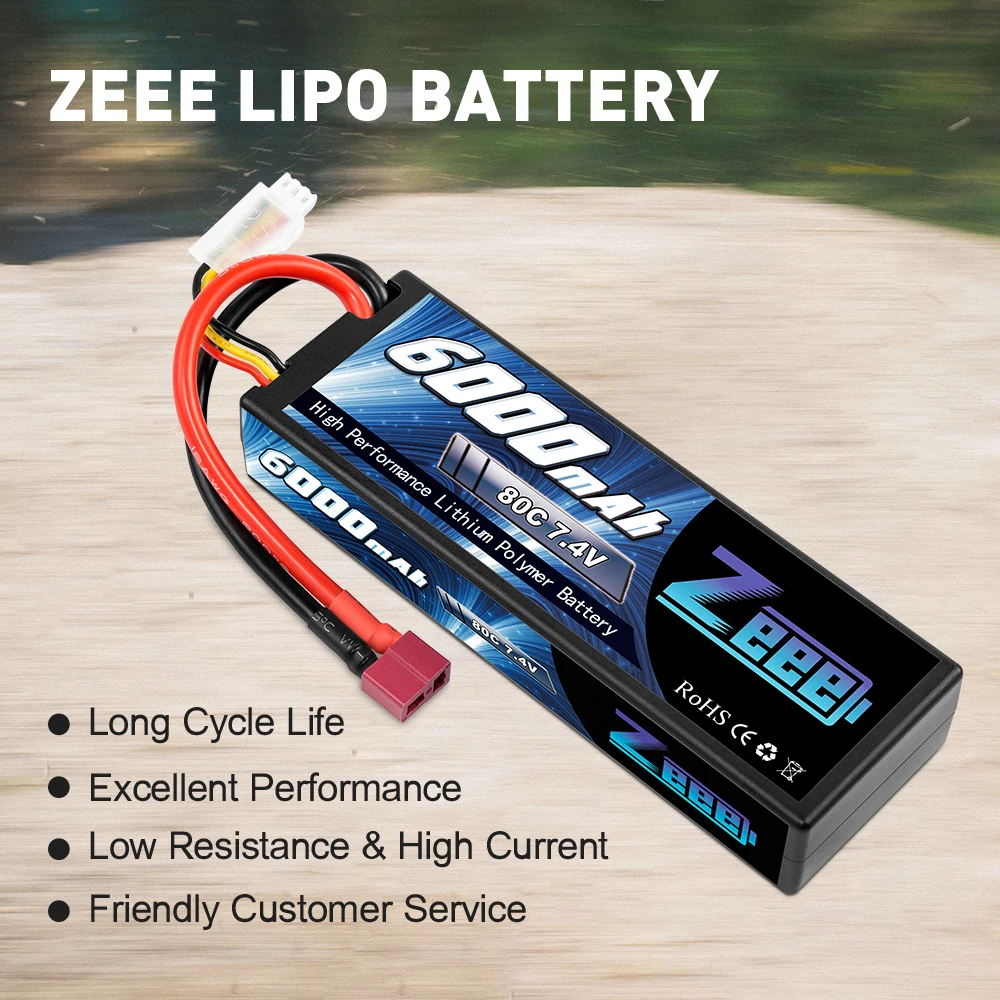Zeee-bater&iacute;a Lipo de 6000mAh, 2S, 80C, 7,4 V con enchufe Decan, carcasa r&iacute;gida, para coche, cami&oacute;n, tanque, Slash Truggy, 2 unidades-3