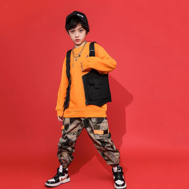 

Детский джазовый танцевальный костюм, толстовка, куртка без рукавов, камуфляжные тактические штаны, танцевальный костюм в стиле хип-хоп для...