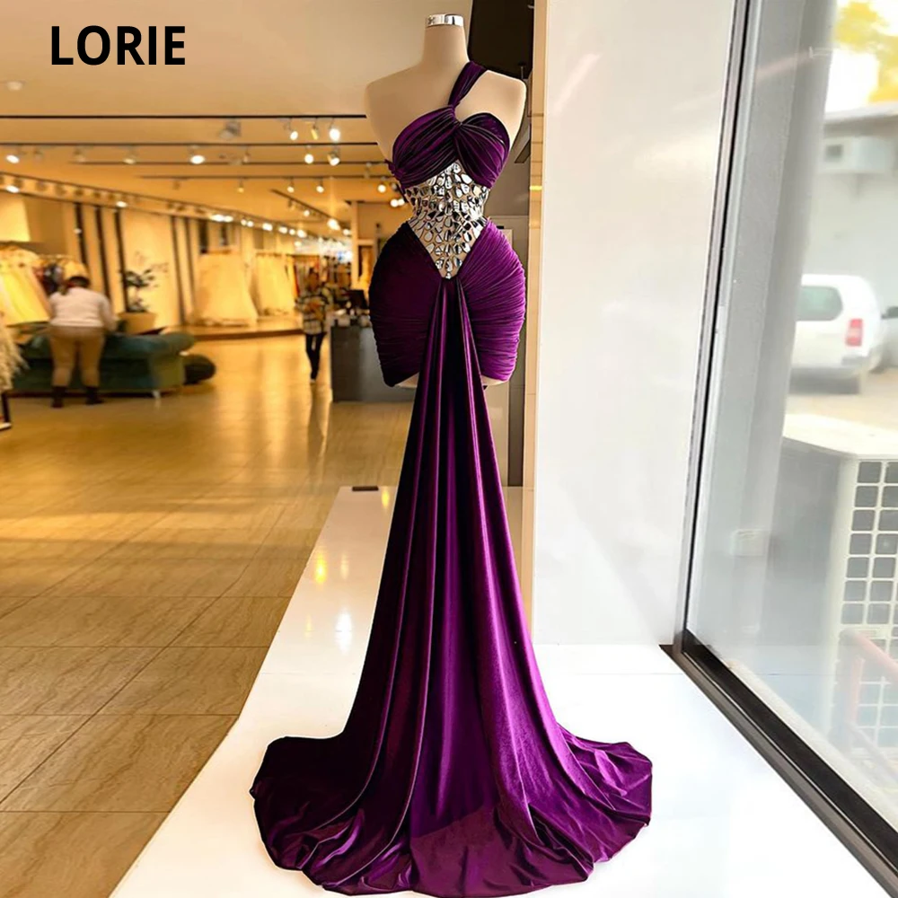 

LORIE Sexy Sparkly Crystal Prom Dresses Velvet Purple Detachable Train High Neck Sleeveless Evening Dress Formal Party Gown 2021