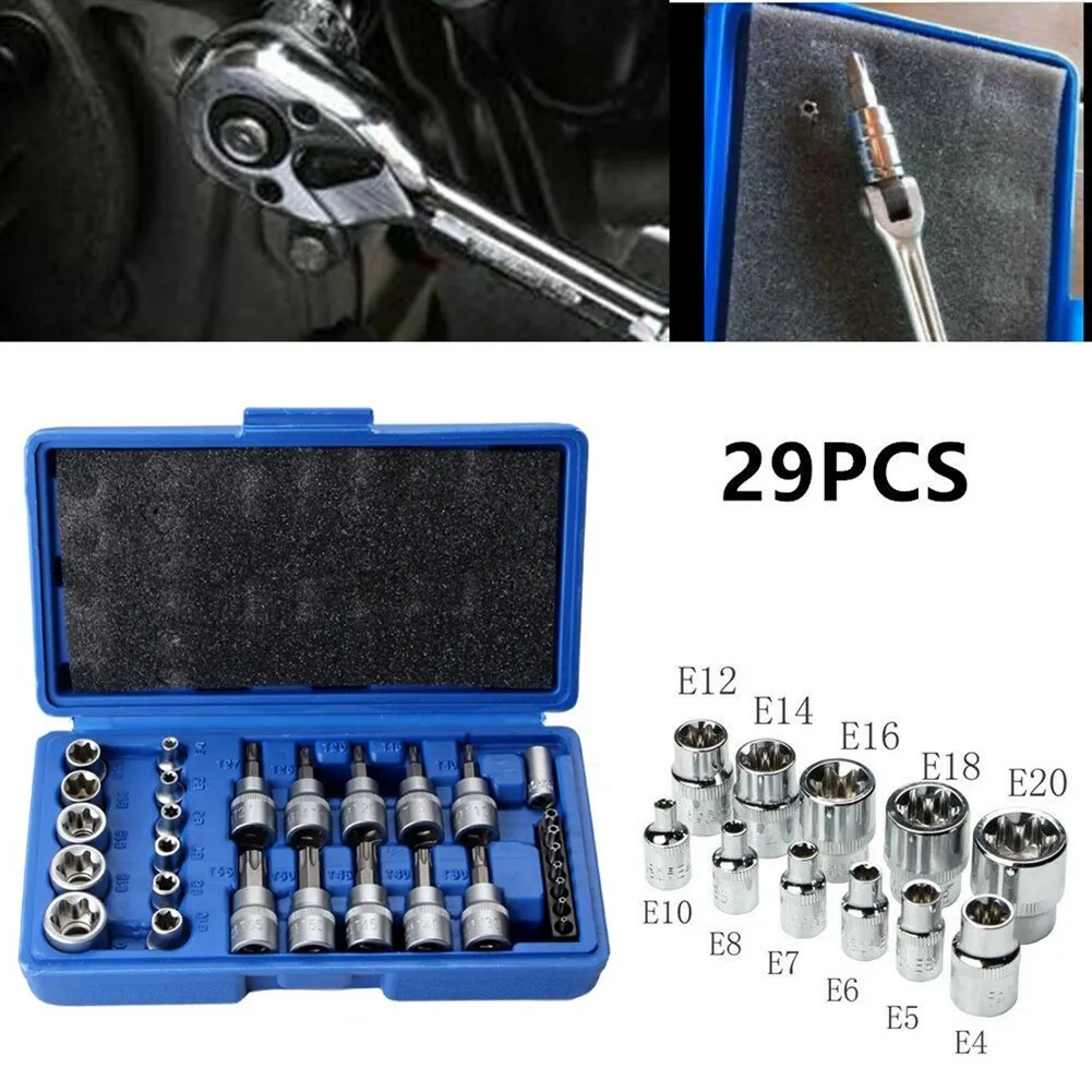 

29pcs 1/4 3/8 1/2 Torx Star Socket Bit Set Female Male Torx E&T Sockets Kit Socket Wrenches 1/4" Female Torx Sockets E4 E5 E6