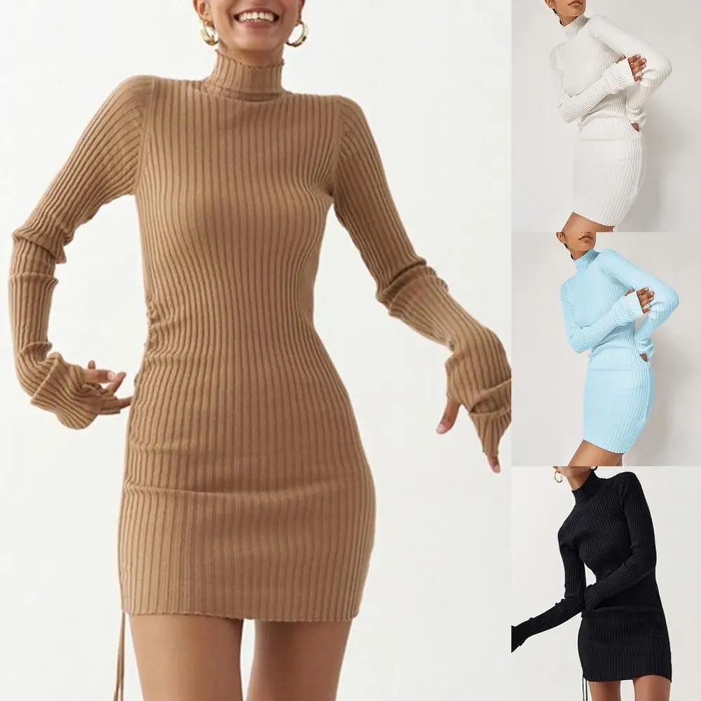 

Dropshipping Sweater Dress Ribbing Turtleneck Autumn Winter Long Sleeve Drawstring Ruched Bandage Dress Streetwear