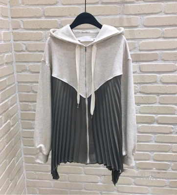

Irregular Zipper Sweatshirt Women's New Hooded Spring Autumn Stitching Pleated Loose Hoodies Female Lady Coat