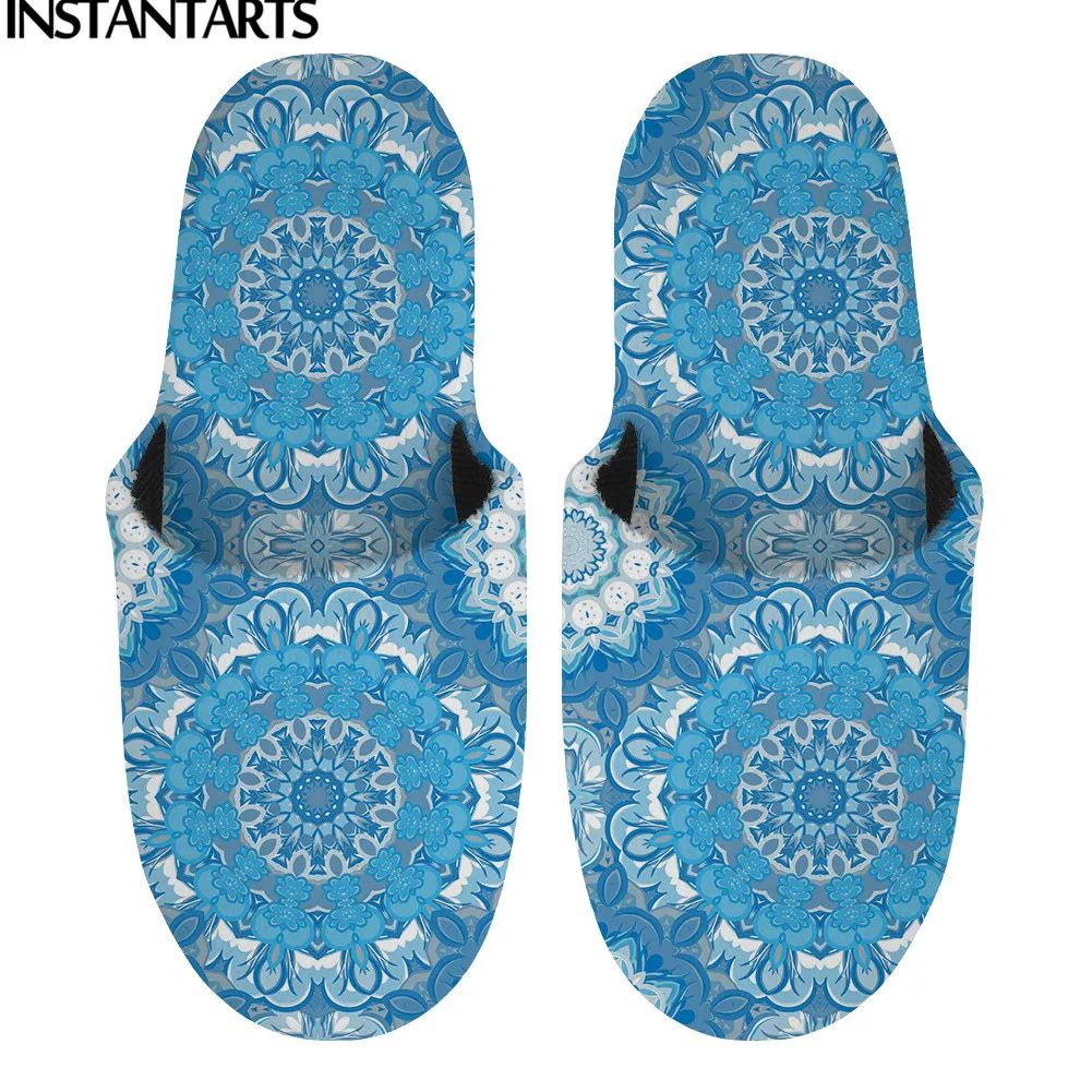 

INSTANTARTS Blue Retro Circular Print Winter Women Slippers Warm Plush Home Cotton Shoes Female Indoor Vintage Bedroom Flats