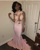 crystal pink prom dresses 2019 evening gowns sexy illusion long sleeve mermaid appliques lace formal party gowns prom dress