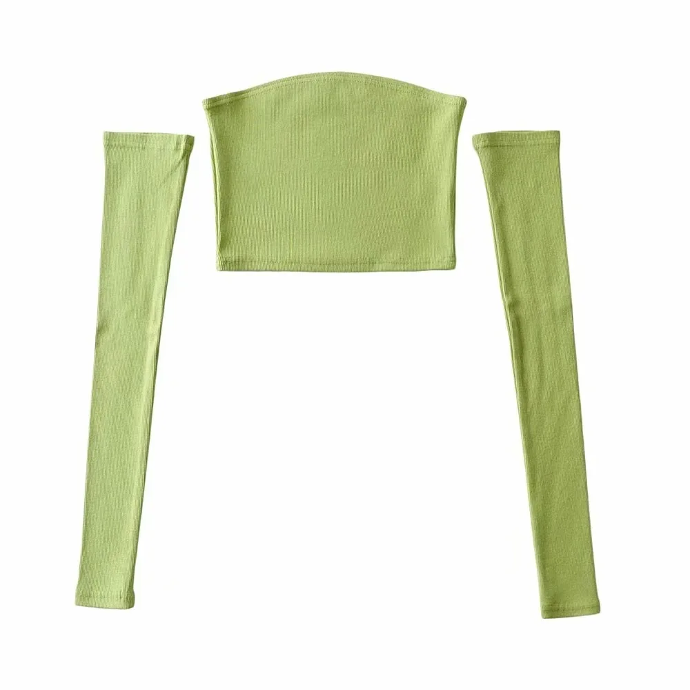 

Sexy one-shoulder elastic chest wrap With printed solid color sleeves t-shirt for womens fashion two-piece suit tshirts women