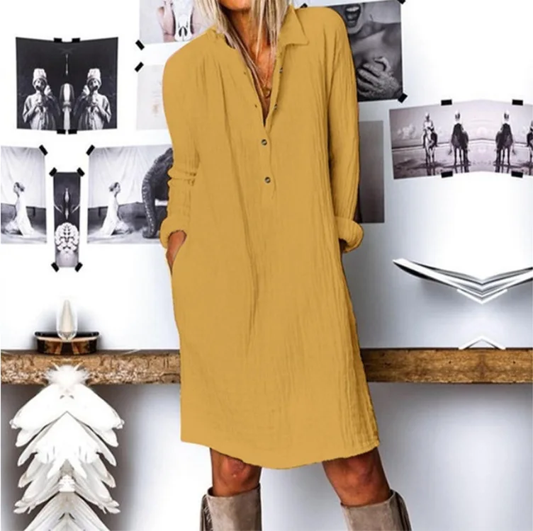 

2021 spring and autumn new women's dress solid color cotton and linen long-sleeved short skirt