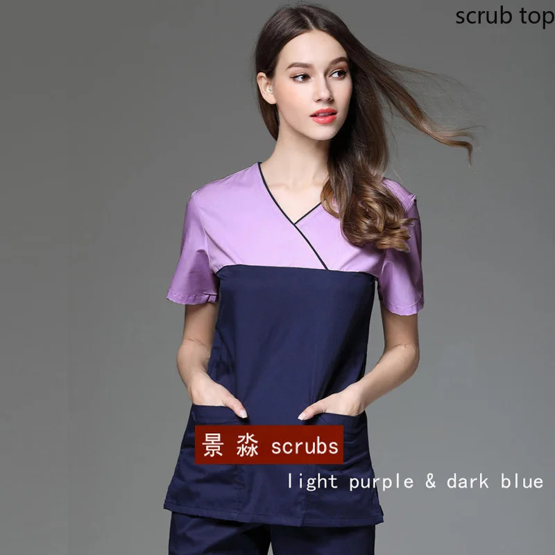 

Women New Scrub Top Blocking Color Nursing Uniforms Cross Collar Scrubs Mock Wrap Spa Workwear Short Sleeve Medical Dentistry
