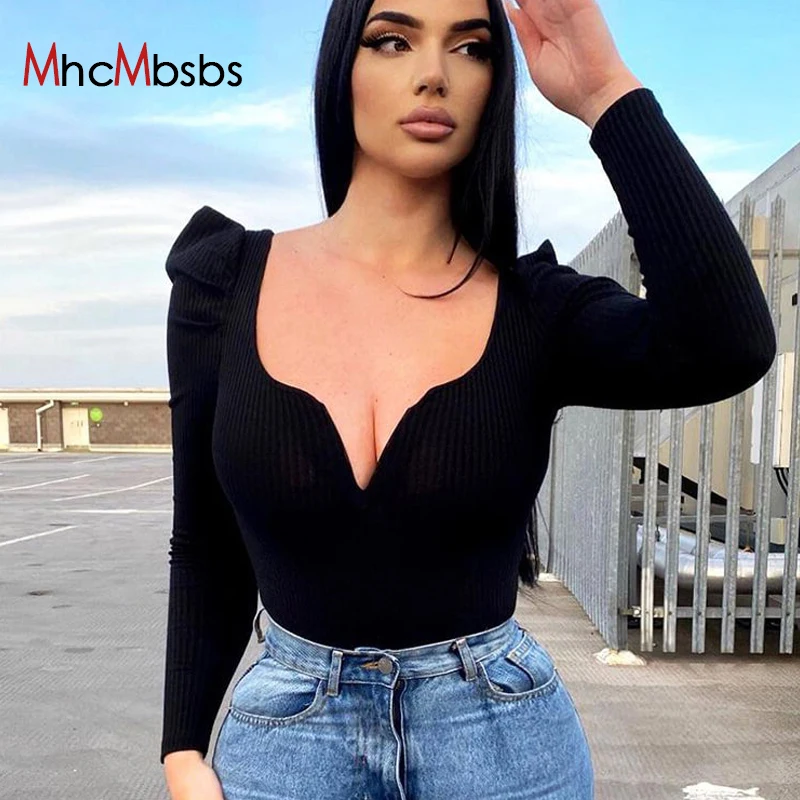 

Vintage V Neck Puff Long Sleeve Women Bodysuit 2021 Autumn Sexy Slim Ribbed Knitted Basic Casual Fashion Ladies Party Rompers