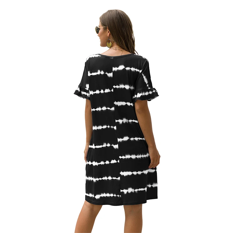 CINESSD V Neck Pocket Wavy Stripes Tie Dye Casual Dress Ruffles Short Sleeves Pullover A Line Soft Elastic Women Print Dresses | Женская