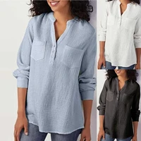 womens tops casual ladies female long sleeve blusas pullover fashion cotton linen tunic blouse shirt pocket buttons v neck tops