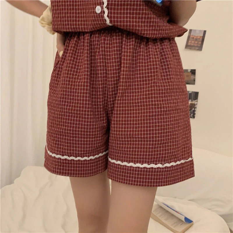 

Pajama Sets Women Plaid Elegant Students Korean Style Sleepwear Lace Short Sleeve Pajamas Sweet Ins Chic Lounge Wear Outwear New