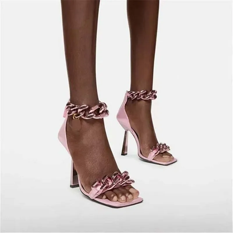 

Black Square Toe Sandals Women Unique Thin High Heels Back Zip Open Toes Metal Chain Decor Sandalias Big Plus Szie 42