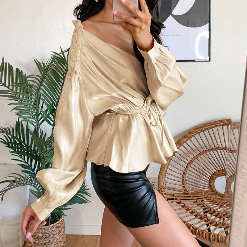 

Long Sleeve V Neck Satin Shirt Women Sexy Slim Fit Off Shoulder Tops Ladies High Waist Drawstring Casual Streetwear