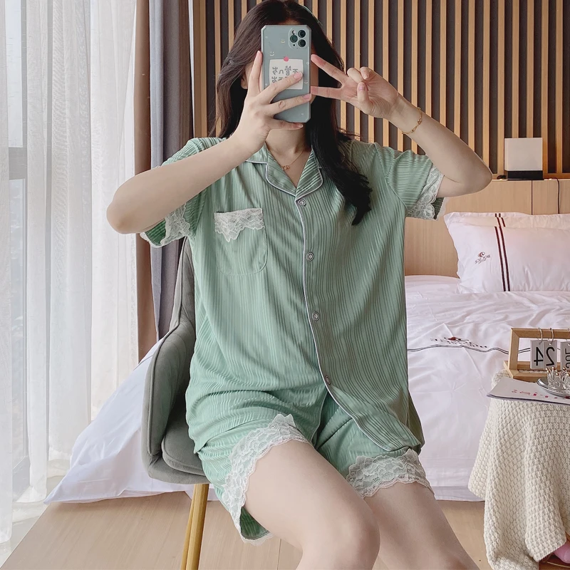 CAIYIER Cotton Pajamas Suit Summer Short Sleeve Sexy Lace Contracted Women Sleepwear Turn-down Collar Pure Cardigan Nightwear