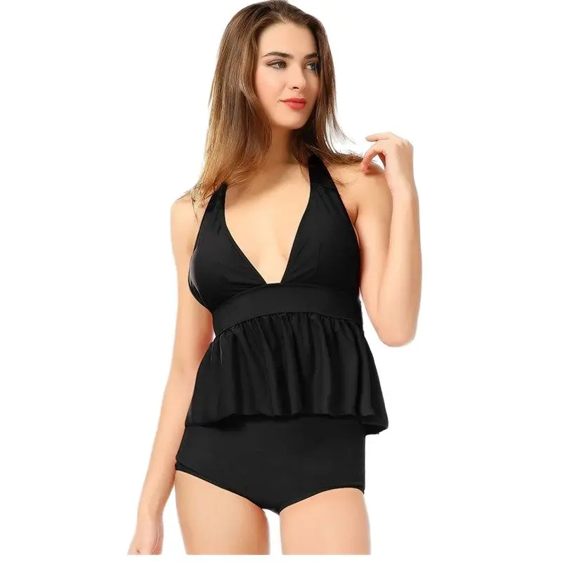 

Summer Young Girl Swimsuit S M L Size One Piece Women Swimwear Deep V-Collar Scallop Red Black Halter Backless Sexy Bikini
