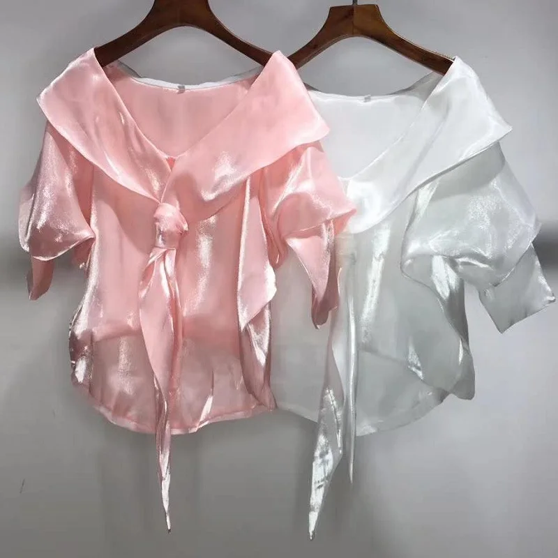 

Bow Tie Elegant Blouse Shirt 2020 Summer Fashion White Pink Blouses Women Sexy Cold Shoulder Casual Asymmetrical Tops Shirt