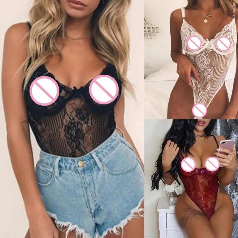 

Women Hollow Out Sheer Bodysuit Sexy V-Neck Floral Lace Solid Lingerie Nightwear Q6PB
