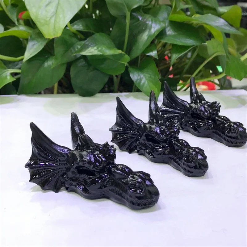 

Obsidian Crystal Dragon Skull Hand Carved Art Statue Gemstone Animal Craving Healing Human Reiki