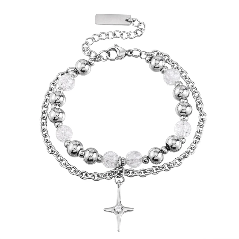 

Charm Jewelry Bangles Stainless Steel Beaded Double Layer Chain Cross Star Bracelets For Men And Women